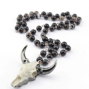 Black and Silver Beaded Necklace with Bull Skull Pendant- CUSTOM